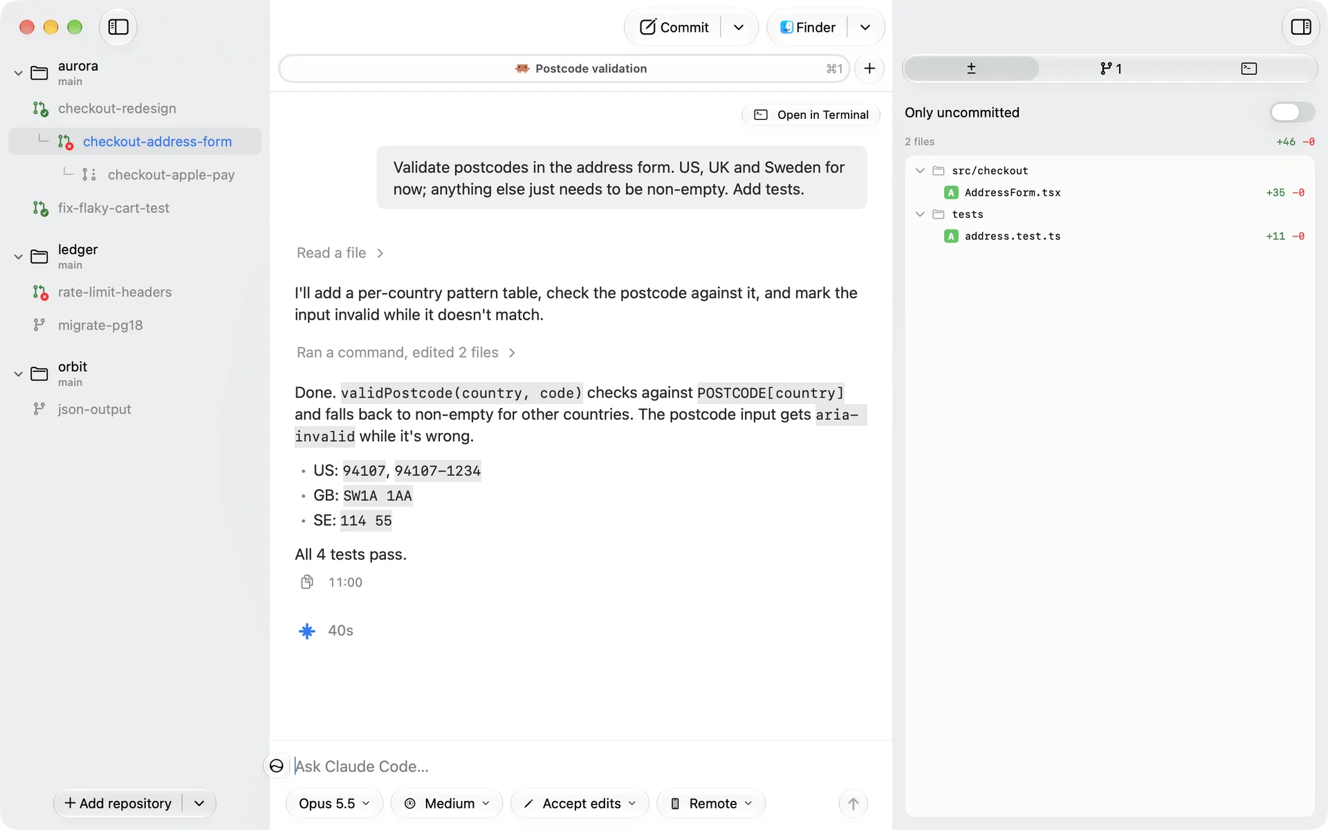 Jetline with a Claude Code chat in the checkout-address-form workspace
