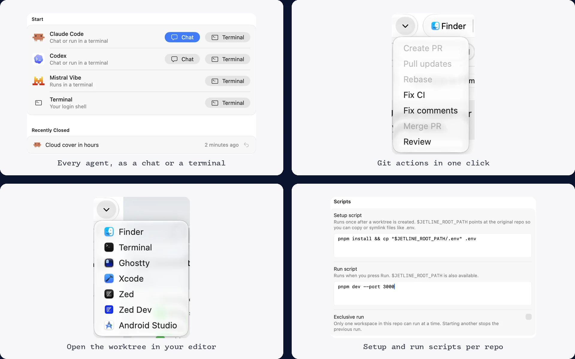 Four smaller features: starting any agent as a chat or a terminal, the git actions menu, opening the worktree in an editor, and per-repository setup and run scripts