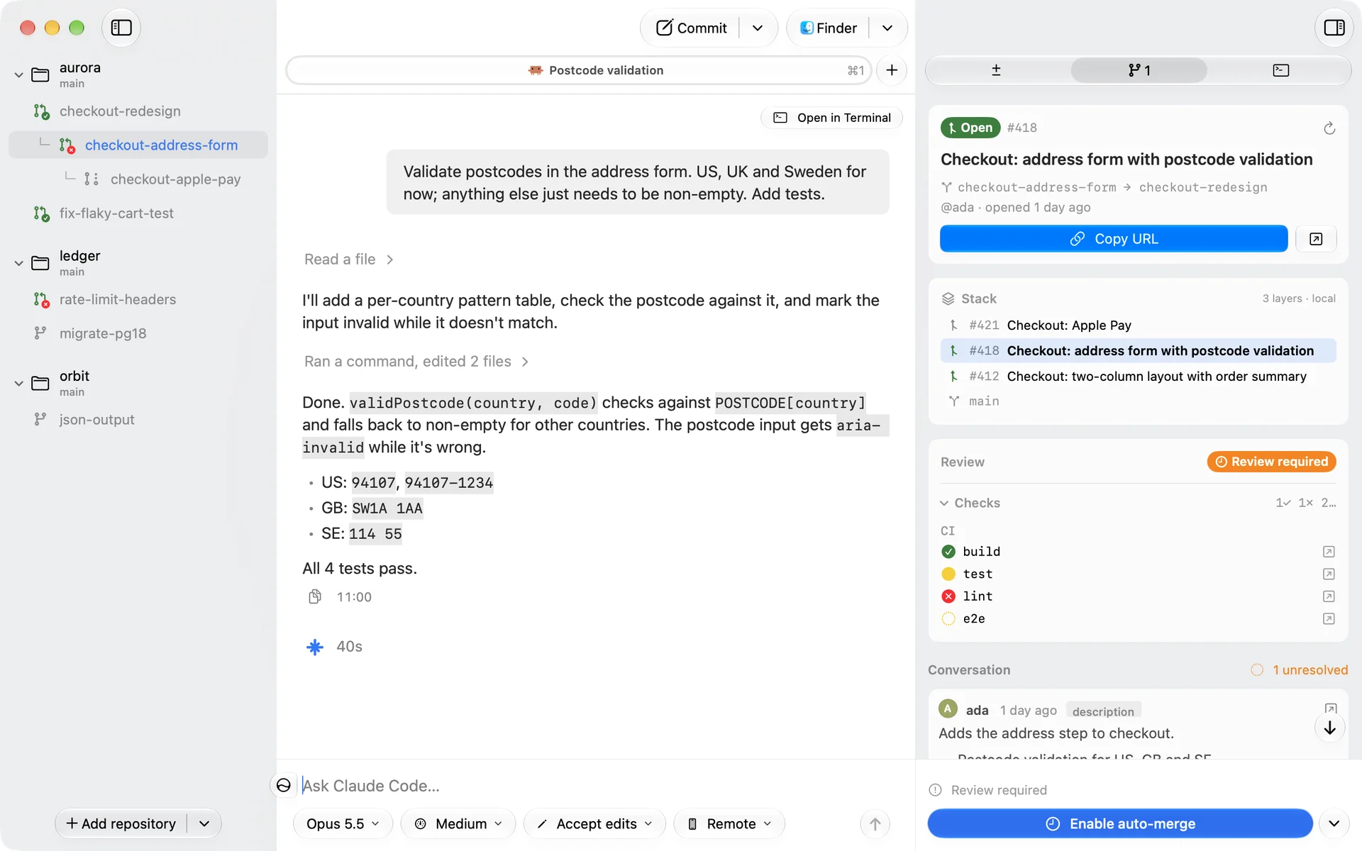 The pull request panel showing a three-layer stack and CI checks