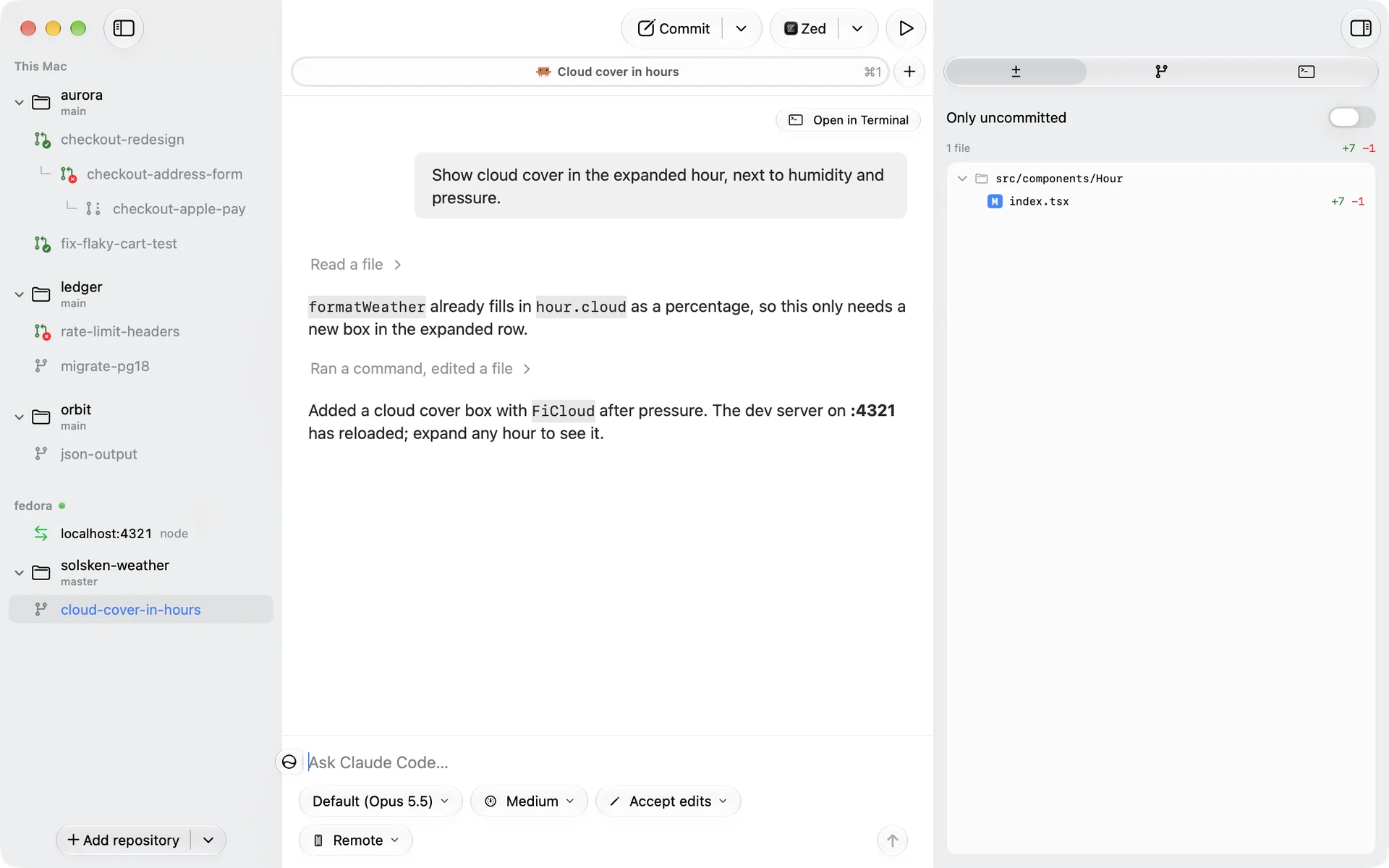 A workspace on a Linux machine called fedora, with its dev server forwarded to localhost:4321