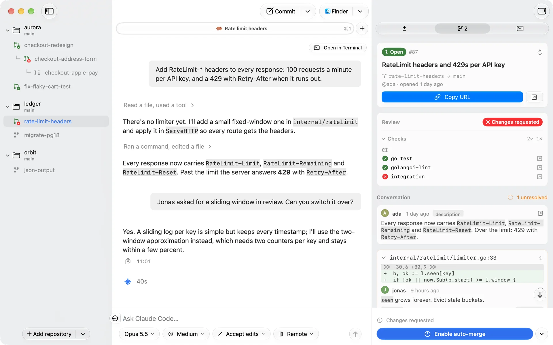 A pull request with changes requested and an inline review thread